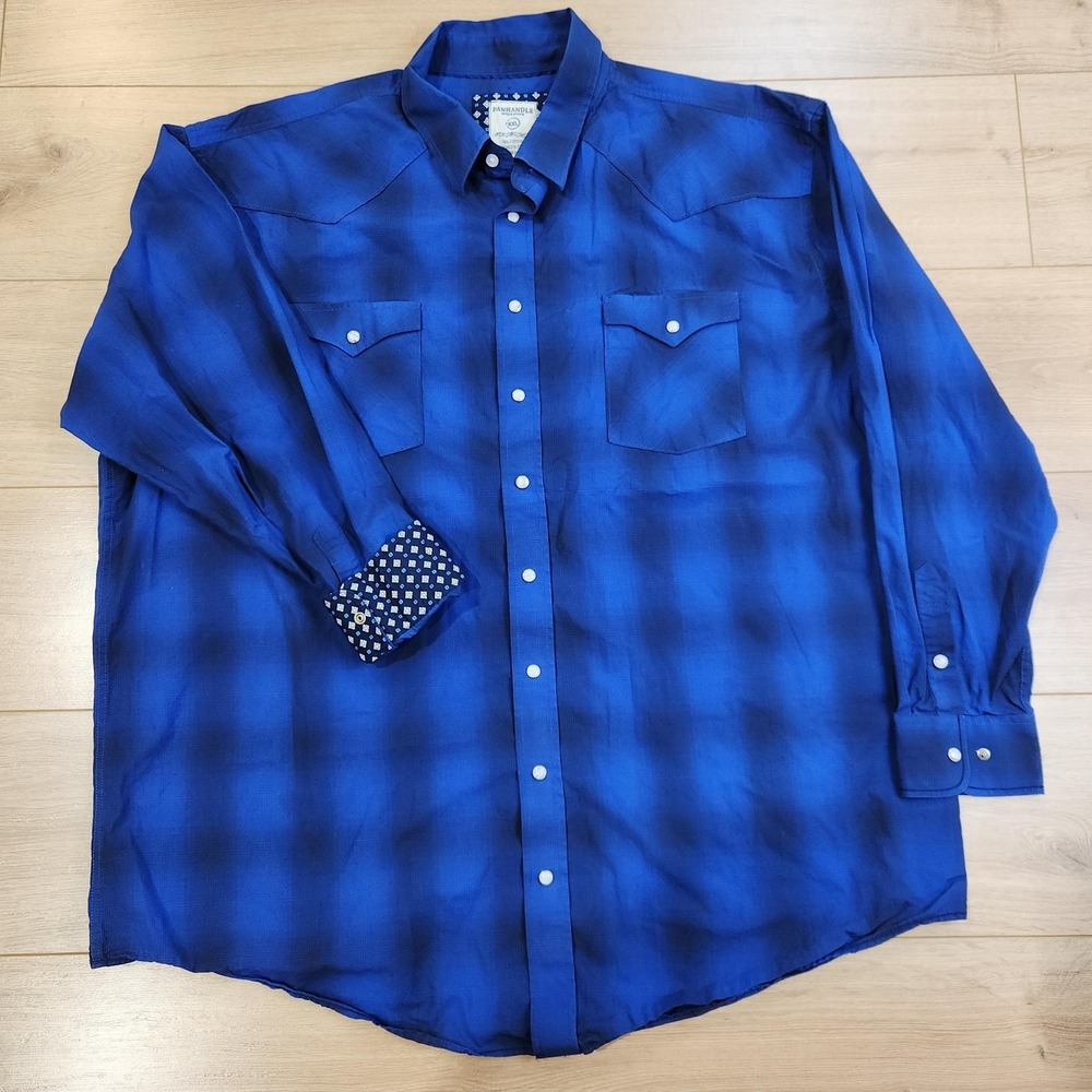 Panhandle Rough Stock Shirt Mens 2XL Blue Plaid Long Sleeve Western Snap Pockets